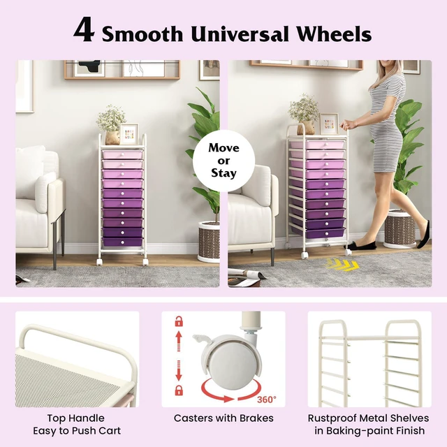 Alt view image 5 of 7 - Storage Cart, Rolling Utility Cart with 10 Drawers, Portable Handles & Lockable Wheels, Mobile Paper Toys Storage Organizer Large Capacity for Home Office School Teacher (Purple Gradient)