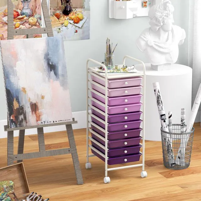 Alt view image 7 of 7 - Storage Cart, Rolling Utility Cart with 10 Drawers, Portable Handles & Lockable Wheels, Mobile Paper Toys Storage Organizer Large Capacity for Home Office School Teacher (Purple Gradient)