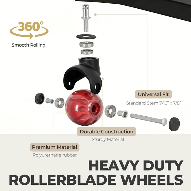 Alt view image 3 of 7 - Office Chair Wheels for Carpet Set of 5 Replacement for Office Chairs Mat Safe for All Floors Including Hardwood - 2-Inch Rubber Replacement Smooth & Silent Universal Size (11x22 mm) Red