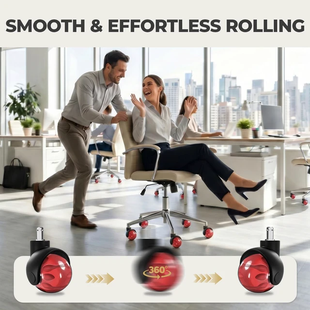 Alt view image 5 of 7 - Office Chair Wheels for Carpet Set of 5 Replacement for Office Chairs Mat Safe for All Floors Including Hardwood - 2-Inch Rubber Replacement Smooth & Silent Universal Size (11x22 mm) Red