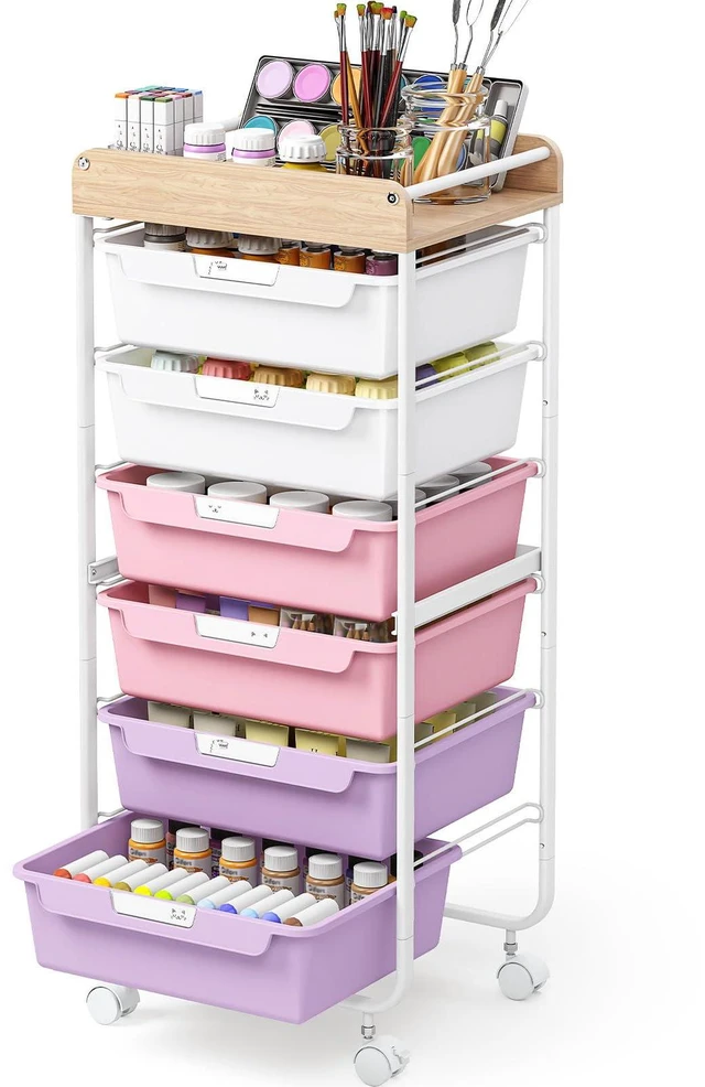 Main image of Rolling Cart with 6 Drawers,Craft Organizer and Storage,Purple Utility Storage Cart with Drawers,Art Cart,Makeup Organizer With Wooden Tabletop