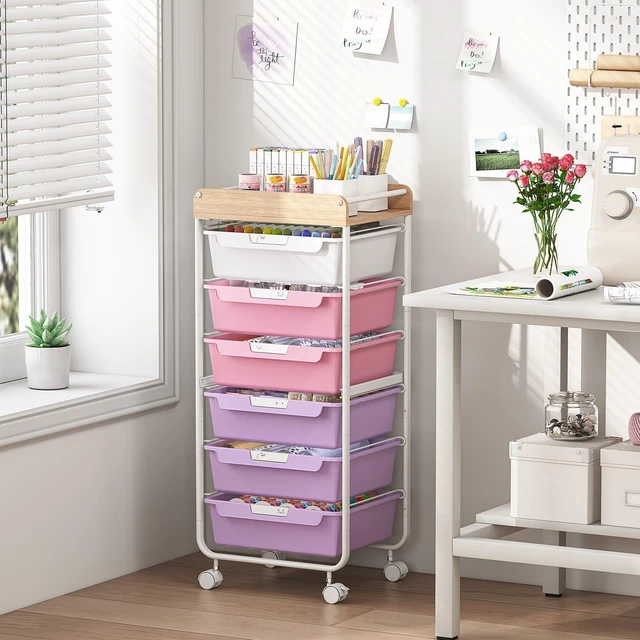 Alt view image 4 of 7 - Rolling Cart with 6 Drawers,Craft Organizer and Storage,Purple Utility Storage Cart with Drawers,Art Cart,Makeup Organizer With Wooden Tabletop
