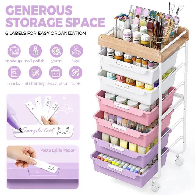 Alt view image 3 of 7 - Rolling Cart with 6 Drawers,Craft Organizer and Storage,Purple Utility Storage Cart with Drawers,Art Cart,Makeup Organizer With Wooden Tabletop