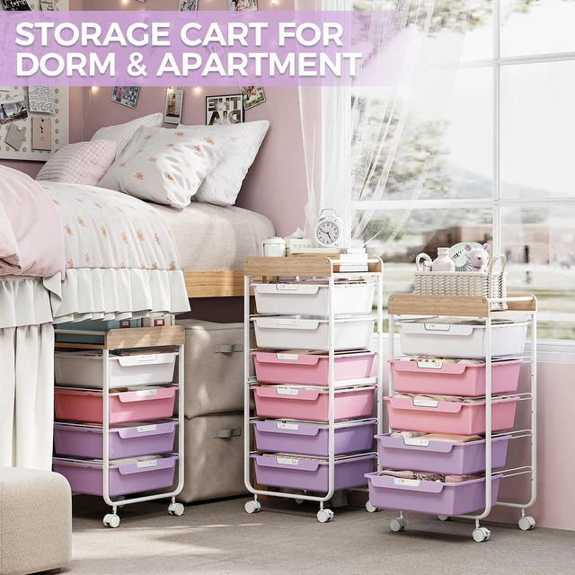 Alt view image 6 of 7 - Rolling Storage Utility Cart with 5 Drawers,Purple Craft Cart with Wheels,Makeup Organizer,Art Supply And Storage Wooden Tabletop