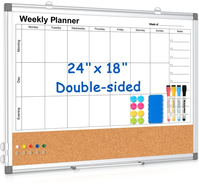Main image of Weekly Dry Erase Calendar Whiteboard for Wall, 24" x 18" Cork Week Planner Double-Sided Magnetic, Planning White Board Combo, Bulletin Board, Aluminium Frame, Hang Wall Mount, Office Home School