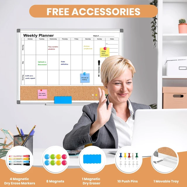 Alt view image 3 of 7 - Weekly Dry Erase Calendar Whiteboard for Wall, 24" x 18" Cork Week Planner Double-Sided Magnetic, Planning White Board Combo, Bulletin Board, Aluminium Frame, Hang Wall Mount, Office Home School