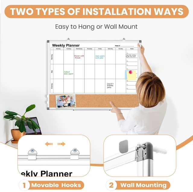 Alt view image 5 of 7 - Weekly Dry Erase Calendar Whiteboard for Wall, 24" x 18" Cork Week Planner Double-Sided Magnetic, Planning White Board Combo, Bulletin Board, Aluminium Frame, Hang Wall Mount, Office Home School