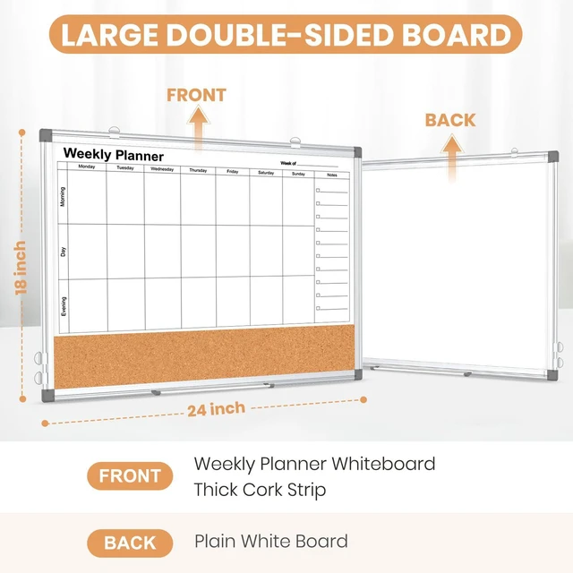 Alt view image 2 of 7 - Weekly Dry Erase Calendar Whiteboard for Wall, 24" x 18" Cork Week Planner Double-Sided Magnetic, Planning White Board Combo, Bulletin Board, Aluminium Frame, Hang Wall Mount, Office Home School