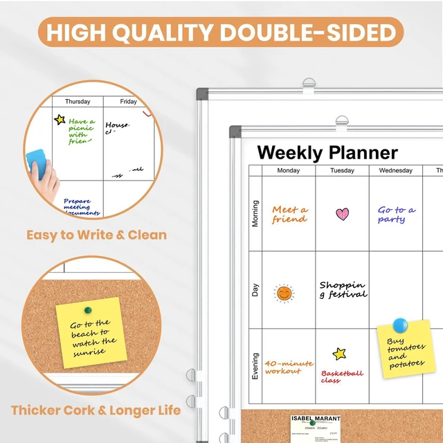 Alt view image 4 of 7 - Weekly Dry Erase Calendar Whiteboard for Wall, 24" x 18" Cork Week Planner Double-Sided Magnetic, Planning White Board Combo, Bulletin Board, Aluminium Frame, Hang Wall Mount, Office Home School