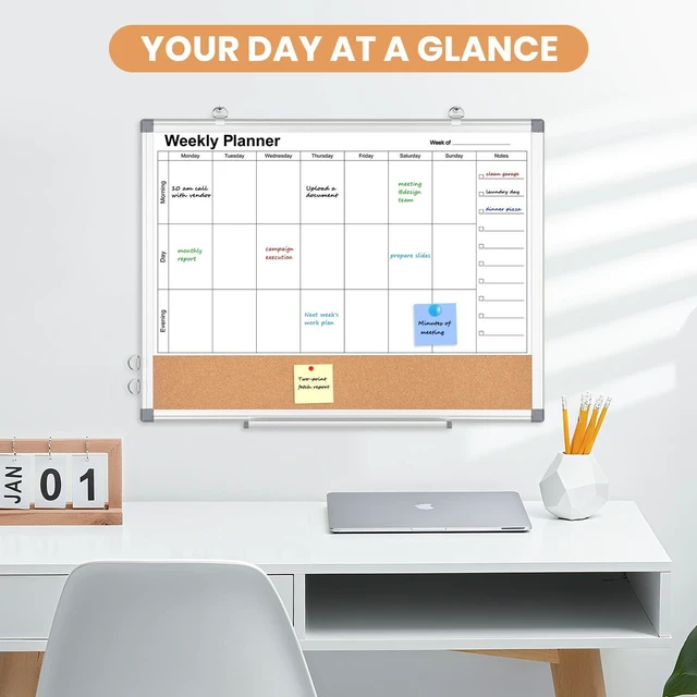 Alt view image 6 of 7 - Weekly Dry Erase Calendar Whiteboard for Wall, 24" x 18" Cork Week Planner Double-Sided Magnetic, Planning White Board Combo, Bulletin Board, Aluminium Frame, Hang Wall Mount, Office Home School