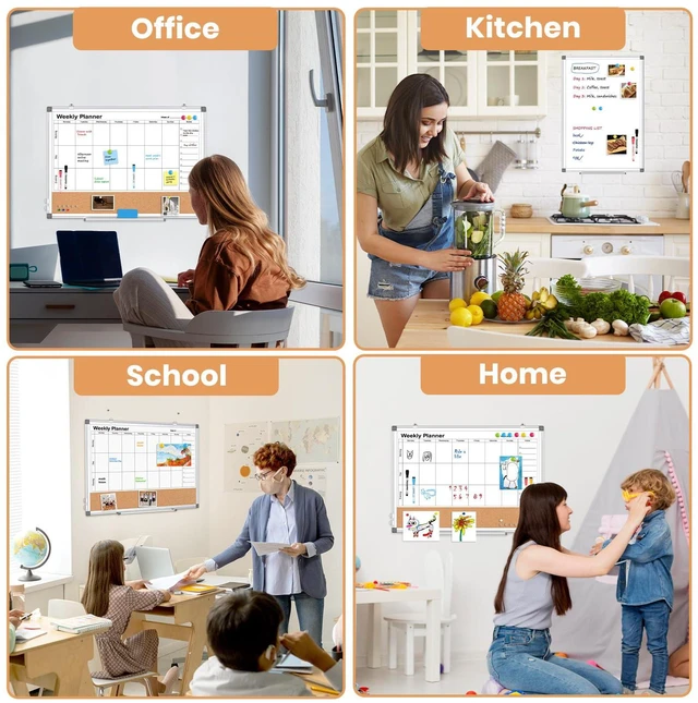 Alt view image 7 of 7 - Weekly Dry Erase Calendar Whiteboard for Wall, 24" x 18" Cork Week Planner Double-Sided Magnetic, Planning White Board Combo, Bulletin Board, Aluminium Frame, Hang Wall Mount, Office Home School