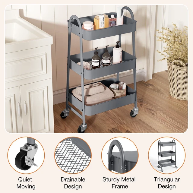 Alt view image 2 of 7 - 3-Tier Metal Rolling Storage Utility Cart with Lockable Wheels Mobile Organizer Shelf, Space-Saving, Freestanding, Bathroom, Living Room, Slim, Narrow Corner Spaces, Grey