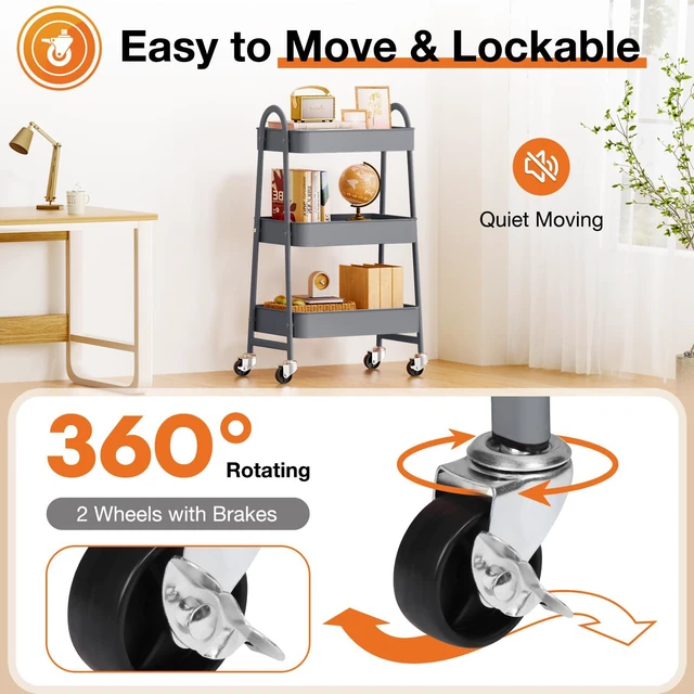 Alt view image 3 of 7 - 3-Tier Metal Rolling Storage Utility Cart with Lockable Wheels Mobile Organizer Shelf, Space-Saving, Freestanding, Bathroom, Living Room, Slim, Narrow Corner Spaces, Grey