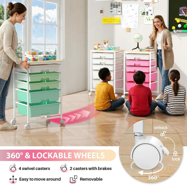 Alt view image 5 of 7 - Rolling Cart with 5 Drawers for Craft, Art, Dorm, Office, Pink Utility Cart Organizer With 5 Removable Drawers and Wooden Tabletop, Lockable Rolling Storage Organizer for Classroom, Home