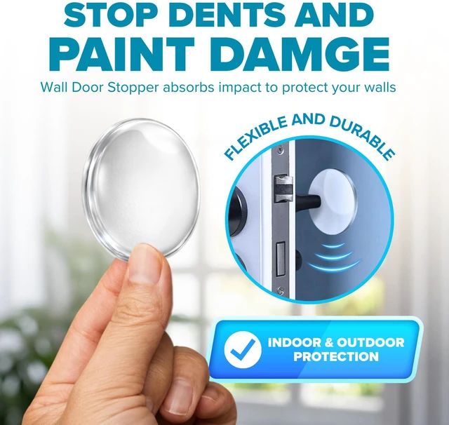 Alt view image 2 of 7 - Door Stoppers (Medium) 2" - Door Stop for Wall with Strong Back Adhesive - Quiet and Shock Absorbent Silicone Wall Protectors from Door Knobs - Protects Every Surface - (Clear | 10 PCS)