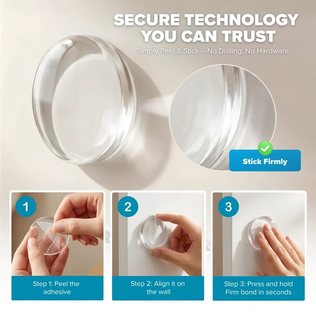 Alt view image 3 of 7 - Door Stoppers (Medium) 2" - Door Stop for Wall with Strong Back Adhesive - Quiet and Shock Absorbent Silicone Wall Protectors from Door Knobs - Protects Every Surface - (Clear | 10 PCS)