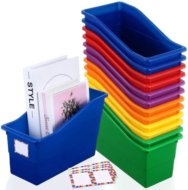 Main image of 12 Pack Large Book Bins with Labels (Rainbow) Durable Plastic,Stackable Magazine Organizer,Storage Bins for Classroom,Library,Office,Bookshelf Categorization