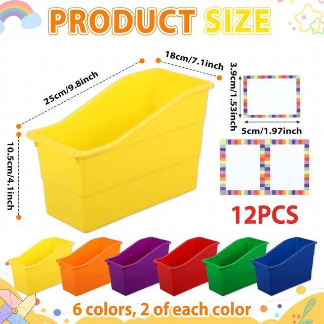 Alt view image 2 of 7 - 12 Pack Large Book Bins with Labels (Rainbow) Durable Plastic,Stackable Magazine Organizer,Storage Bins for Classroom,Library,Office,Bookshelf Categorization