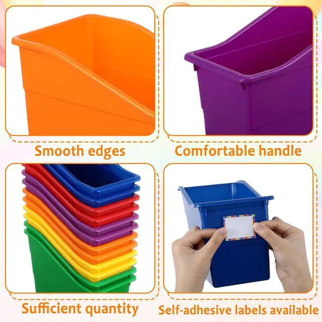Alt view image 3 of 7 - 12 Pack Large Book Bins with Labels (Rainbow) Durable Plastic,Stackable Magazine Organizer,Storage Bins for Classroom,Library,Office,Bookshelf Categorization