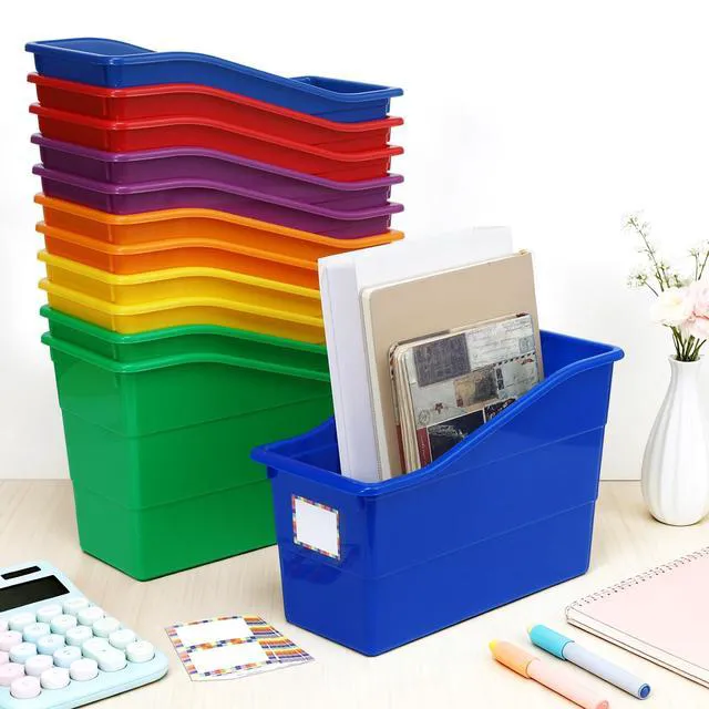 Alt view image 4 of 7 - 12 Pack Large Book Bins with Labels (Rainbow) Durable Plastic,Stackable Magazine Organizer,Storage Bins for Classroom,Library,Office,Bookshelf Categorization