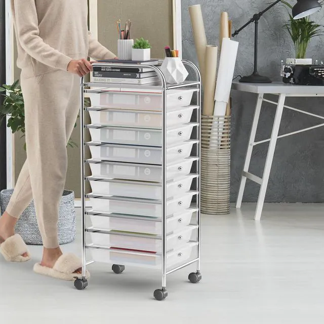 Alt view image 2 of 7 - Storage Cart, Rolling Utility Cart with 10 Drawers, Portable Handles & Lockable Wheels, Mobile Paper Toys Storage Organizer Large Capacity for Home Office School Teacher (Clear)