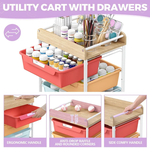 Alt view image 3 of 7 - Rolling Cart with 6 Drawers,Craft Organizer and Storage,Rainbow Utility Storage Cart with Drawers,Art Cart,Makeup Organizer With Wooden Tabletop