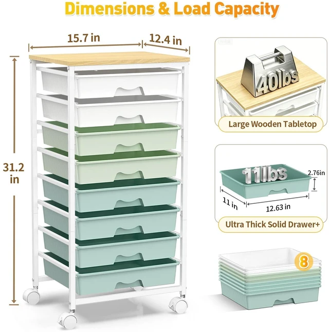 Alt view image 2 of 7 - Rolling Cart With 8 Drawers,Storage Drawer Cart for Craft Art,Green Storage Utility Cart with Wooden Tabletop & 2 Lockable Wheels, Teacher Storage Cart for Classroom School Storage, Makeup,Nail