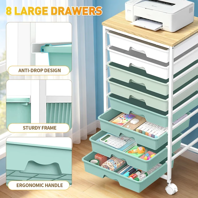 Alt view image 5 of 7 - Rolling Cart With 8 Drawers,Storage Drawer Cart for Craft Art,Green Storage Utility Cart with Wooden Tabletop & 2 Lockable Wheels, Teacher Storage Cart for Classroom School Storage, Makeup,Nail