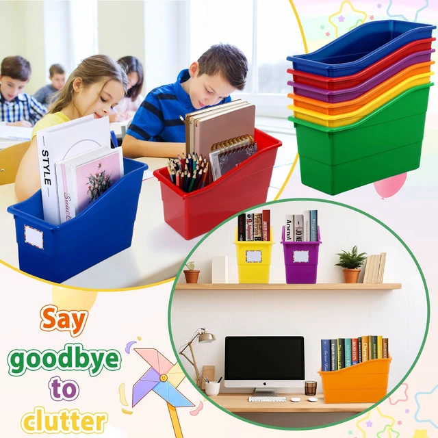 Alt view image 5 of 7 - 12 Pack Large Book Bins with Labels (Rainbow) Durable Plastic,Stackable Magazine Organizer,Storage Bins for Classroom,Library,Office,Bookshelf Categorization