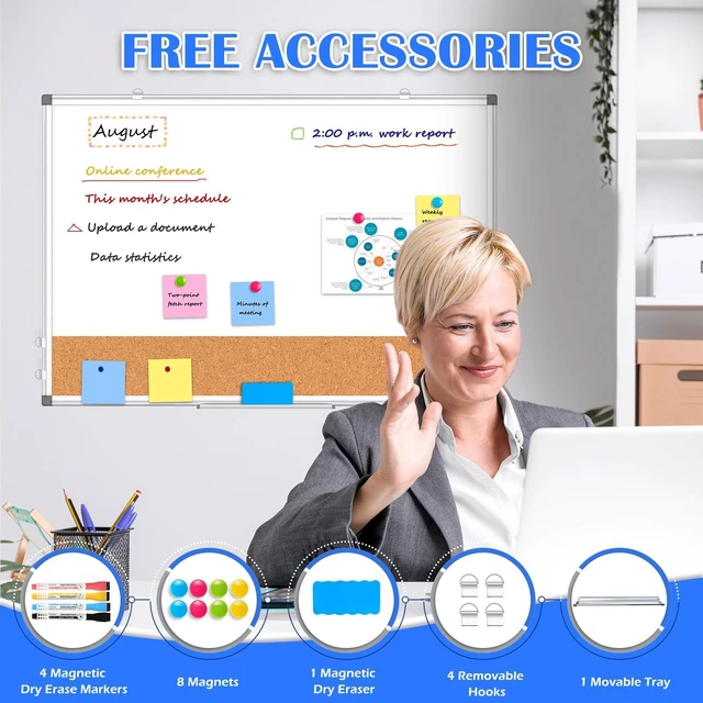 Alt view image 5 of 6 - Whiteboard Cork Board Combo for Wall, 24" x 18" Dry Erase Whiteboard Double-Sided Magnetic, Corkboard White Board Combo, Bulletin Board, Aluminium Frame, Hang Wall Mount, Office Home School