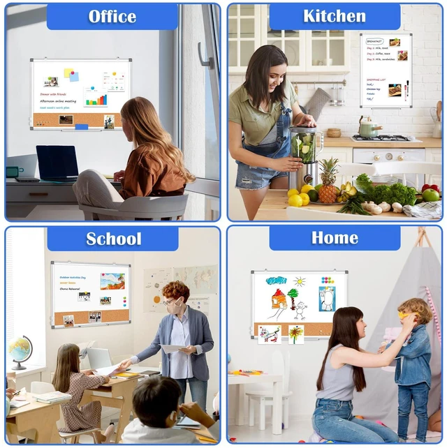 Alt view image 6 of 6 - Whiteboard Cork Board Combo for Wall, 24" x 18" Dry Erase Whiteboard Double-Sided Magnetic, Corkboard White Board Combo, Bulletin Board, Aluminium Frame, Hang Wall Mount, Office Home School