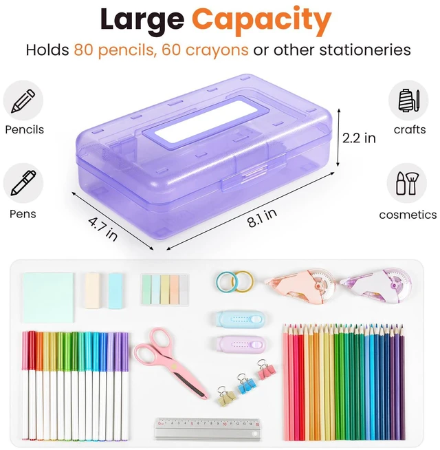 Alt view image 5 of 7 - Pencil Box with Personalized Sticker, Large Hard Pencil Case Organizer, Clear Plastic Crayon Box for Girls and Boys, Colored Marker Organizer, Small Plastic Containers/Bins with Lids, Art Supply
