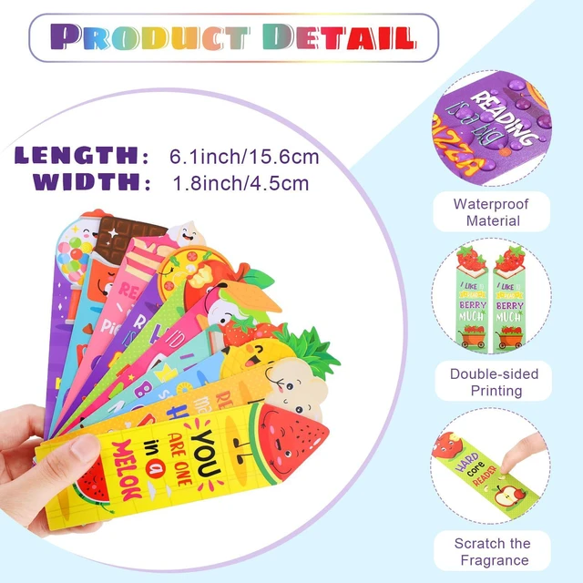 Alt view image 2 of 6 - 150 Pcs Scented Bookmarks for Kids, Fruit Food 10 Style Assorted Designs Scratch and Sniff, Fruit Food Theme Sayings for Students, Teens, Food Lovers, Bulk Reading Reward Gifts