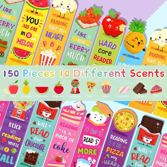Alt view image 3 of 6 - 150 Pcs Scented Bookmarks for Kids, Fruit Food 10 Style Assorted Designs Scratch and Sniff, Fruit Food Theme Sayings for Students, Teens, Food Lovers, Bulk Reading Reward Gifts