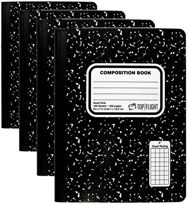 Main image of Sewn Marble Composition Book, Black/White, Quad Rule, 4 Squares per Inch, 9.75 x 7.5 Inches, 100 Sheets (41320) (Pack of 4)