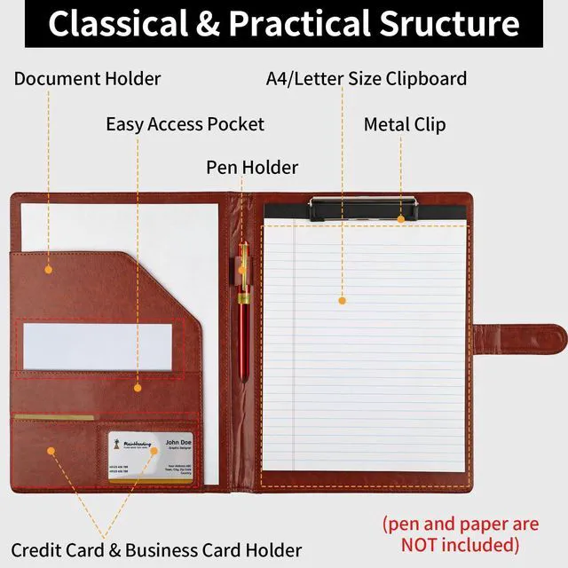 Alt view image 3 of 7 - Professional Padfolio with Clipboard, Faux Leather Portfolio Folder Binder Brown Legal Pad Holder for A4 Letter Size Notepad, Resume, Notebook Cover Organizer for Business Office Conference