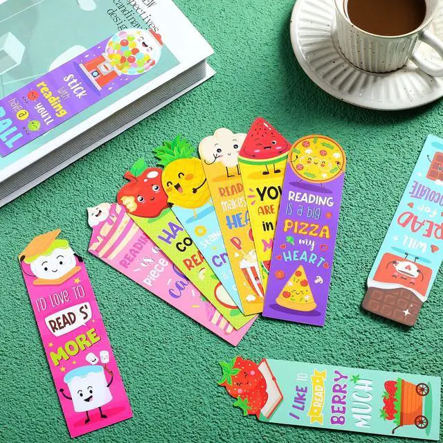 Alt view image 4 of 6 - 150 Pcs Scented Bookmarks for Kids, Fruit Food 10 Style Assorted Designs Scratch and Sniff, Fruit Food Theme Sayings for Students, Teens, Food Lovers, Bulk Reading Reward Gifts