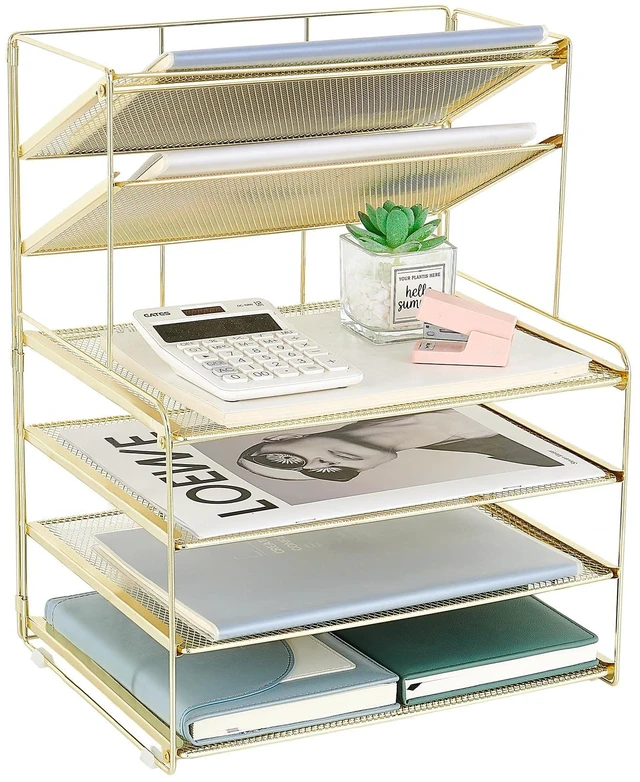 Main image of Desk Organizer, 6-Tier Paper Organizer Letter Tray, Gold Desk Organizers and Accessories, Office Desk Accessories & Workspace Organizers, Desktop File Organizer for Office Supplies