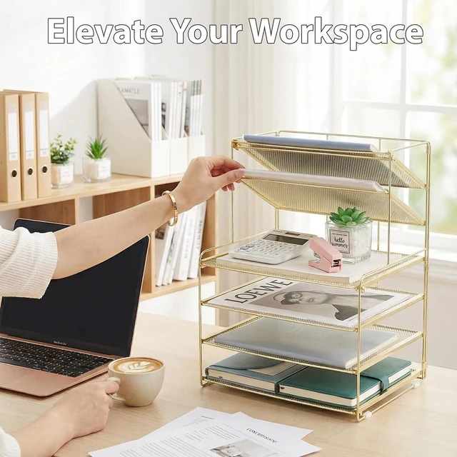 Alt view image 2 of 7 - Desk Organizer, 6-Tier Paper Organizer Letter Tray, Gold Desk Organizers and Accessories, Office Desk Accessories & Workspace Organizers, Desktop File Organizer for Office Supplies