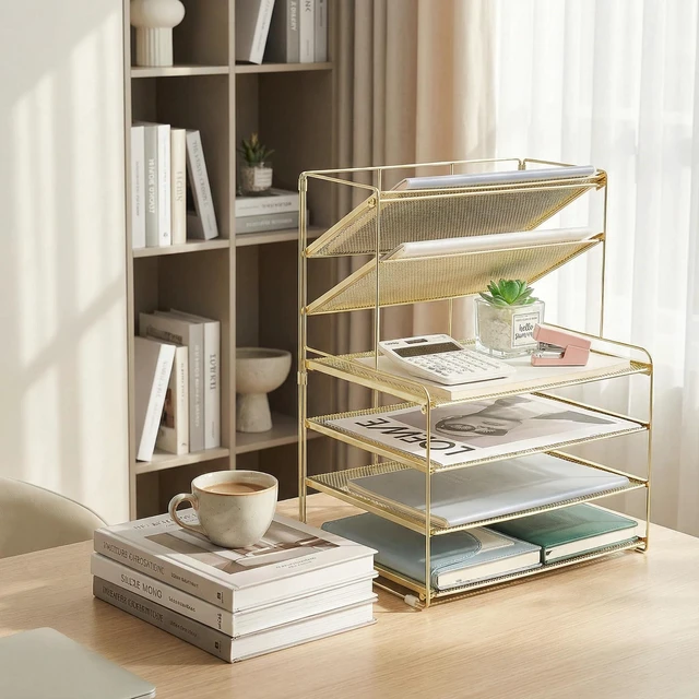 Alt view image 3 of 7 - Desk Organizer, 6-Tier Paper Organizer Letter Tray, Gold Desk Organizers and Accessories, Office Desk Accessories & Workspace Organizers, Desktop File Organizer for Office Supplies
