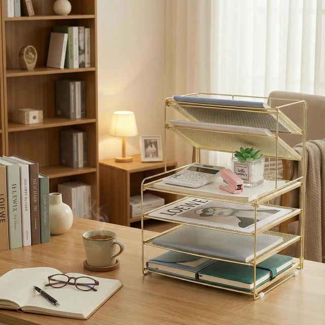 Alt view image 5 of 7 - Desk Organizer, 6-Tier Paper Organizer Letter Tray, Gold Desk Organizers and Accessories, Office Desk Accessories & Workspace Organizers, Desktop File Organizer for Office Supplies