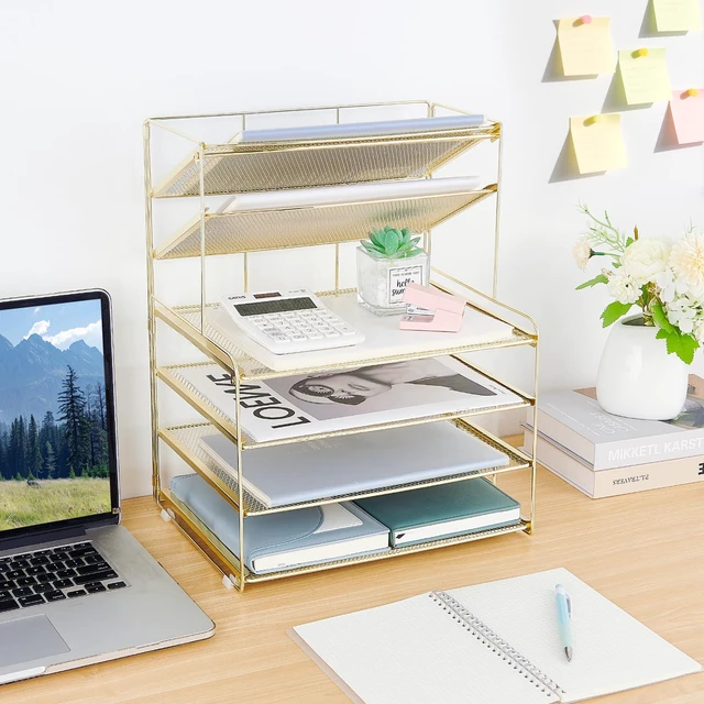 Alt view image 6 of 7 - Desk Organizer, 6-Tier Paper Organizer Letter Tray, Gold Desk Organizers and Accessories, Office Desk Accessories & Workspace Organizers, Desktop File Organizer for Office Supplies