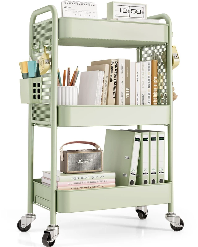 Main image of 3 Tier Rolling Cart, Metal Utility Storage Cart with Pegboard, Green | 2 Bins & 4 Hooks, Screwless Assembly, Lockable Wheels, Trolley Organizer for Bathroom, Kitchen, Office, Dorm, Craft Room