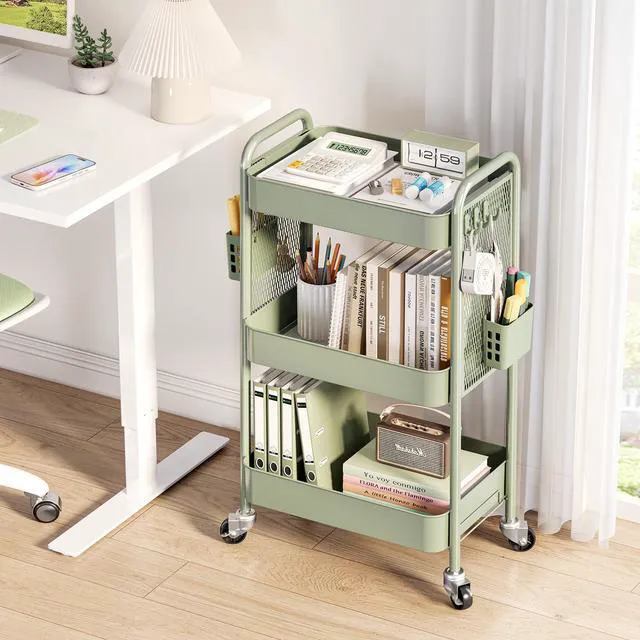 Alt view image 2 of 7 - 3 Tier Rolling Cart, Metal Utility Storage Cart with Pegboard, Green | 2 Bins & 4 Hooks, Screwless Assembly, Lockable Wheels, Trolley Organizer for Bathroom, Kitchen, Office, Dorm, Craft Room
