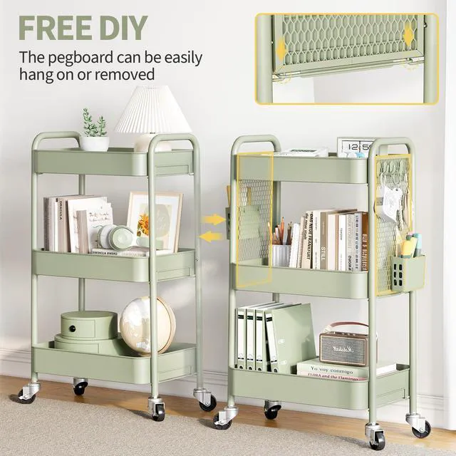 Alt view image 3 of 7 - 3 Tier Rolling Cart, Metal Utility Storage Cart with Pegboard, Green | 2 Bins & 4 Hooks, Screwless Assembly, Lockable Wheels, Trolley Organizer for Bathroom, Kitchen, Office, Dorm, Craft Room