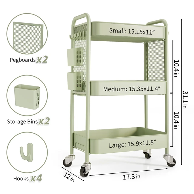 Alt view image 6 of 7 - 3 Tier Rolling Cart, Metal Utility Storage Cart with Pegboard, Green | 2 Bins & 4 Hooks, Screwless Assembly, Lockable Wheels, Trolley Organizer for Bathroom, Kitchen, Office, Dorm, Craft Room