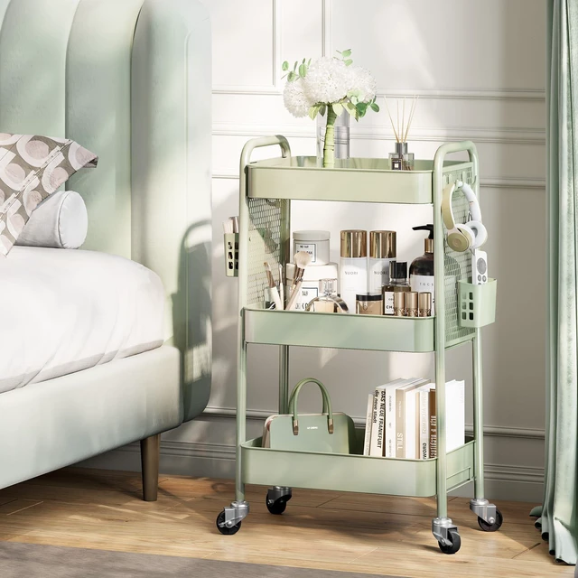 Alt view image 7 of 7 - 3 Tier Rolling Cart, Metal Utility Storage Cart with Pegboard, Green | 2 Bins & 4 Hooks, Screwless Assembly, Lockable Wheels, Trolley Organizer for Bathroom, Kitchen, Office, Dorm, Craft Room