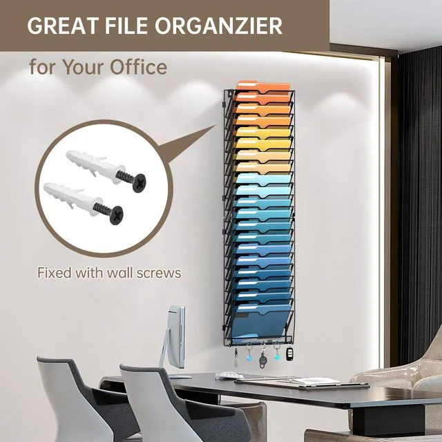 Alt view image 3 of 7 - 21-Tier Hanging Wall File Organizer with Hooks for Office Organization Mesh Wall File Holder, Mail Organizer Wall Mounted for Papers, Documents, Folders and Magazines in Home Office, Classroom