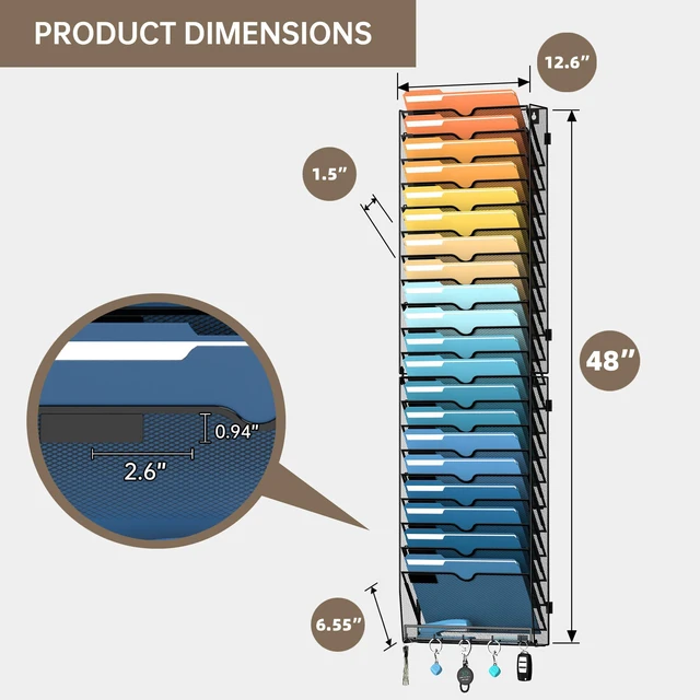 Alt view image 4 of 7 - 21-Tier Hanging Wall File Organizer with Hooks for Office Organization Mesh Wall File Holder, Mail Organizer Wall Mounted for Papers, Documents, Folders and Magazines in Home Office, Classroom