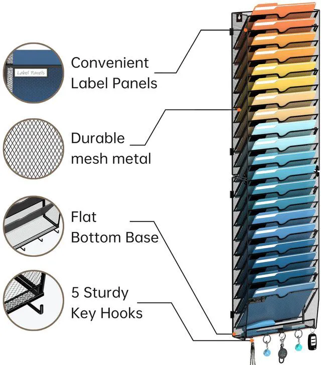 Alt view image 5 of 7 - 21-Tier Hanging Wall File Organizer with Hooks for Office Organization Mesh Wall File Holder, Mail Organizer Wall Mounted for Papers, Documents, Folders and Magazines in Home Office, Classroom